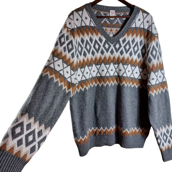 North Pole Men's XXL Gray Nordic V-Neck Fair Isle Heavyweight Heritage Sweater - Picture 4 of 9